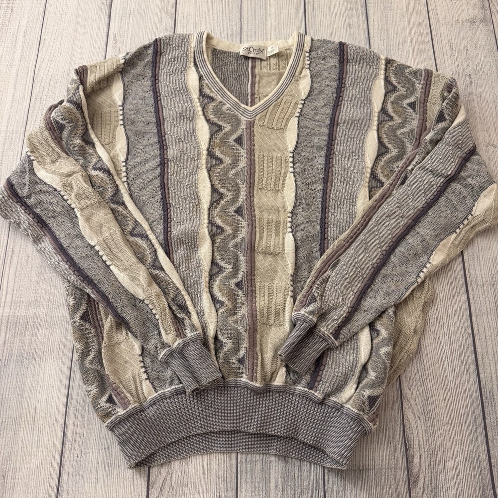 St. Croix Knits Coogi Style Textured V-Neck Sweater XL USA Cotton Blend Mens USA